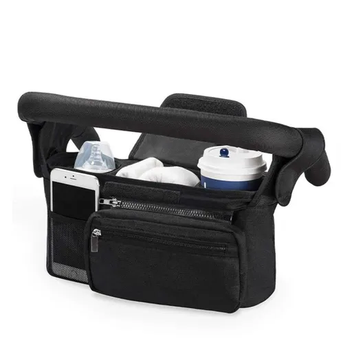Stroller Organizer with Cup Holder Bag and Shoulder Strap,Stroller Bag Caddy Organizer Fits for Strollers (black,only bag)