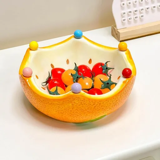 Ceramic Fruit Bowl Cute Orange-Shaped Home Fruit Rack with 6 Spoon Decorative Bowl for Kitchen, Living Room, Bedroom, Office & Countertop (Orange)