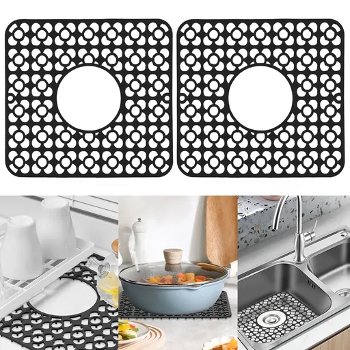 2 Pack Silicone Sink Protector Mats, Anti Slip Heat Resistant Grid Pads, Black 12.2 x 11.5 In