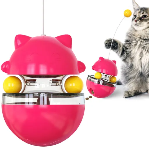 Cat Teaser Cup Toy, Interactive Treat Dispensing Ball with Wand (Red)
