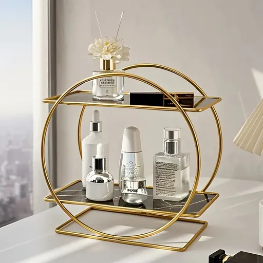 Elegant Golden Two-Tier Metal Cosmetic Organizer Stand - Luxury Countertop Makeup and Skincare Storage Shelf, Ideal for Bathroom Vanity, Home Decor, Dressing Table Accessories, and Perfume Storage