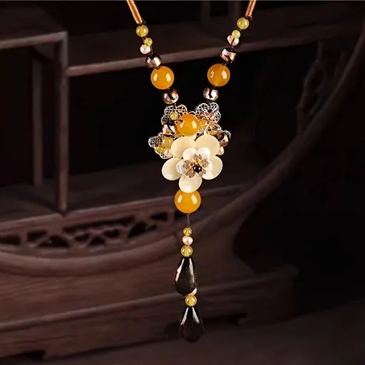 New Chinese-style Ethnic Long Necklace, Glass Flower and Faux Agate Bead Pendant, 80cm Adjustable Cord, 13cm Elegant Drop, Exuding Eastern Retro Charm.
