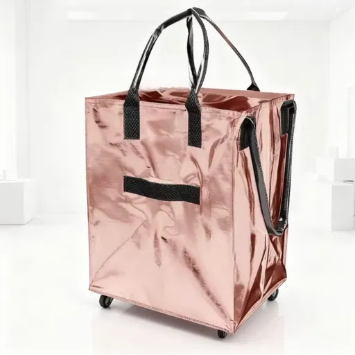 Rose-Gold Portable Folding Shopping Trolley Bag(50x40x30CM) - Durable Woven Fabric, Reusable Grocery Bag with Wheels for Effortless Travel