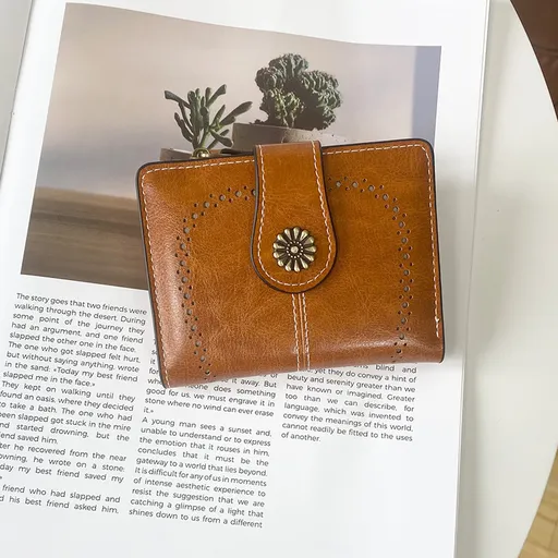 Brown Vintage PU Leather Women's Short Wallet - Elegant Zipper Coin Pocket Multi-Function Card Holder