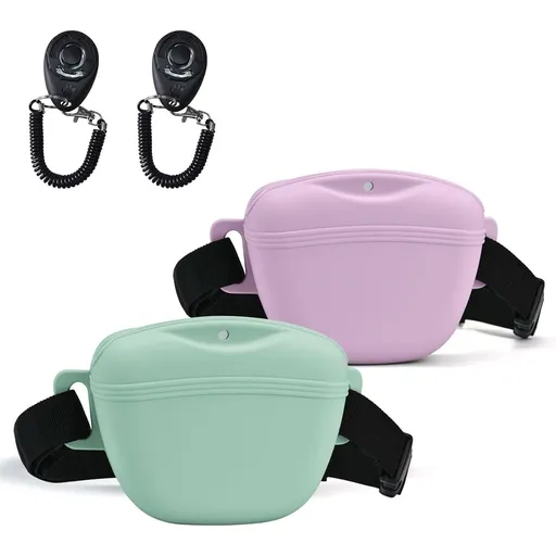 Upgraded Silicone Dog Treat Pouch with Training Clicker, Tighter Sealing to Prevent Food Spilling, Capacity Treat Bag with Waist Belt 2pcs