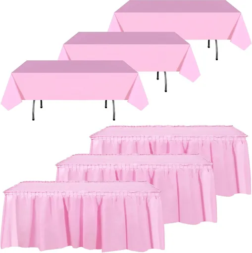 6 Pcs Plastic Table Skirts and Stainproof Table Cloths 54 x 108 in Plastic Tablecloth 168 x 29 Inches Disposable for Wedding Baby Shower Valentine Spring Easter Party(Pink)
