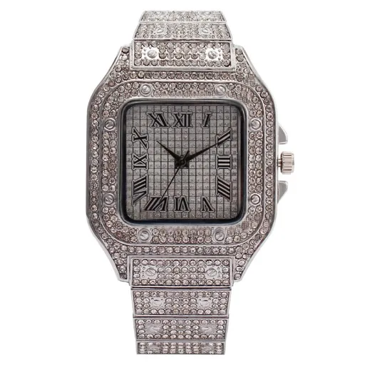 MREURIO Square Rhinestone Quartz Watch Men Metal 41mm Silver