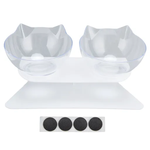 15° Inclined Cat Double Bowl Neck Guard Pet Feeding Bowl for Home Pet Shop Living Room(White Base Transparent Bowl )