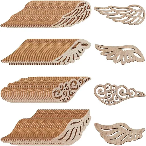 100-Pack Unfinished Wooden Angel Wing Cutouts in 4 Assorted Designs for Christmas Crafts and DIY Decor