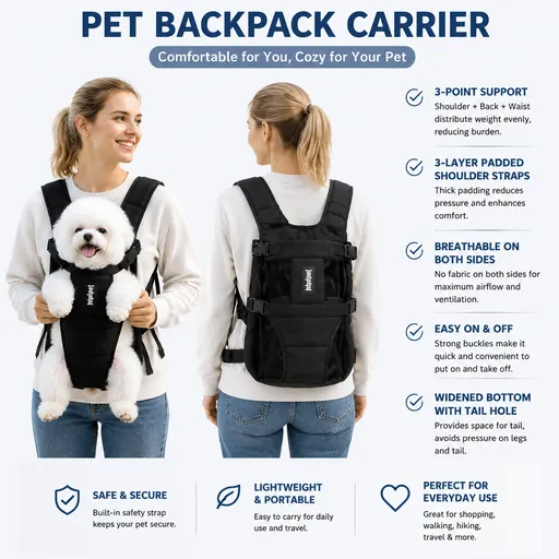Black Hands Free Adjustable Dog Carrier Backpack with 3-Point Support, Reserved Tail Opening and Wide Padded Straps - Chest & Back Dual Use, Breathable on Both Sides and Quick-release Safety Buckles for Walking Bike Travel Outdoor Use, L Size