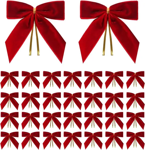 30PCS Velvet Red Small Christmas Bows for Christmas Tree Decorations ，Premium Twist Tie Bows for Xmas Tree, Wreaths, Gifts, Wedding & Holiday Decor (Red/3.5 * 3.5Inch)