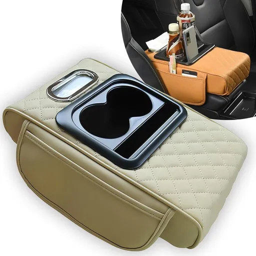Central Console Organizer, Multifunctional PU Leather Car Armrest Box Mat with 5-in-1 Design, Center Console Cover with 2 Cup Holders for Storing Tissues and Drinks for Most Cars