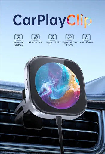 Wireless CarPlay Adapter with 1.6 Inch Multi-Functional Screen Car Diffuser 360 Vent Clip Silver