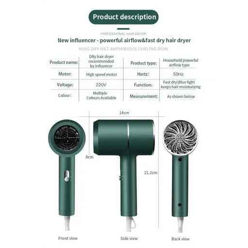 Hair Dryer Household Heating and Cooling Air Anion Hair Dryer for Home Travel Hair Care Mini Portable Power HairDryer Blow (Green)