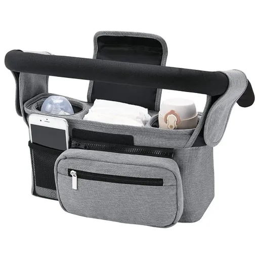 Multifunctional Stroller Organizer Bag – Universal Hanging Storage Pouch with Insulated Bottle Holder, Detachable Pouch, and Adjustable Straps, Doubles as a Crossbody Diaper Bag for On-the-Go Convenience (Grey)