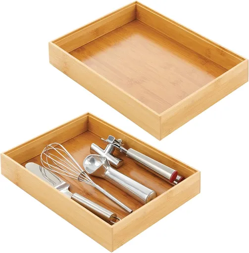 Bamboo Wood Stackable Drawer Organizer Bin Box for Kitchen; Holds Silverware, Cutlery, Utensils - Echo Collection - 2 Pack - Natural