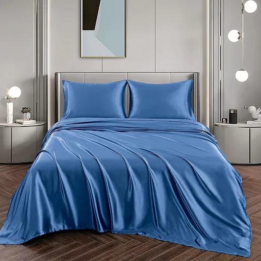 Art Silk Satin Sheet Set Hotel 3 Pieces Fitted/Flat Sheet Bedding Set-Luxury Soft Silky Sheets for Hair and Skin, Similar to Silk Bed Sheets Set 3 Pieces(King Single,Ocean)