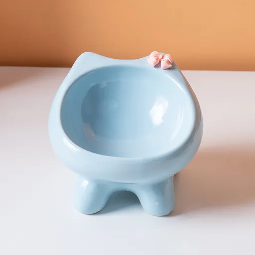 Blue Ceramic Elevated Cat Bowl Tilted Raised Pet Feeder with Anti-Slip Base Cute Design for Wet or Dry Food Ideal for Australian Pets