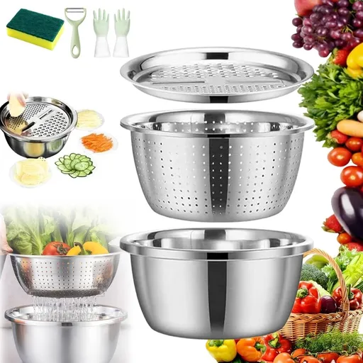 5-in-1 Stainless Steel Shredding Bowl & Drainage Chopping Basin Set: Space-Saving Colander with Vegetable Grater - Multi-functional Mixing Bowl for Meal Prep, Salad Making & Small Kitchens
