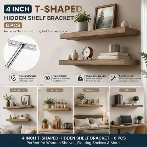 4" Nickel Hidden T Shelf Bracket 6Pcs w/ 5x60&5x80 Screws