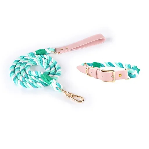Green Hand-Woven Rainbow Cotton Rope Dog Leash and Collar Set - Adjustable Veg-Tanned Leather Trim with Heavy Duty Metal Hardware - 150cm Training Lead and S Size Collar
