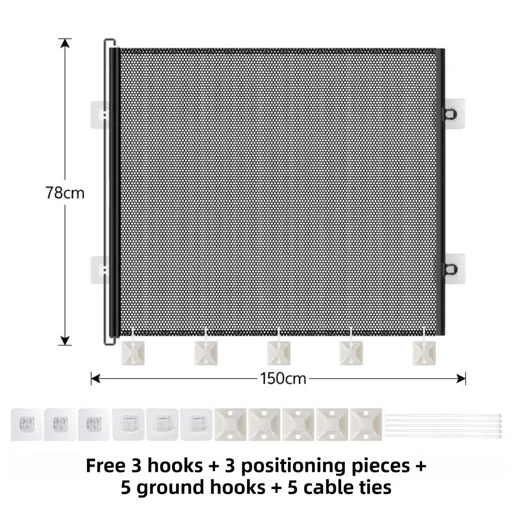 78X150CM Black Retractable Mesh Safety Gate for Pets & Babies - Scratch-Resistant Indoor/Outdoor Security Barrier, No-Drill Installation