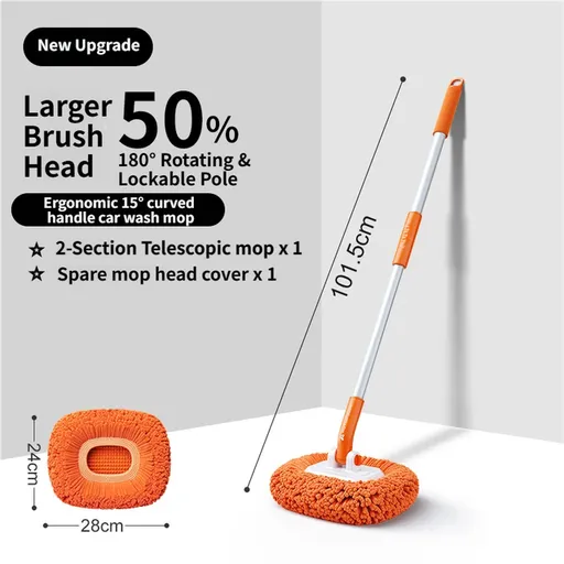 Orange 21° Curved Car Wash Mop and Snow Scraper with 180° Rotating Detachable Pole & 2 x Extra Large Microfiber Brush Cover – 2 Section Telescopic (58–101.5 CM) Aluminum Alloy Cleaning Brush for Vehicle and Home Care
