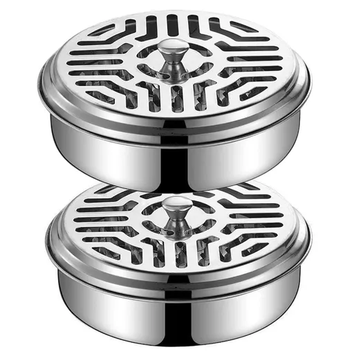 Heng Du Portable Mosquito Coil Holder, Mosquito Coil Holder with Lid, Retro Portable Mosquito Incense Burner 2Pcs (Silvery)