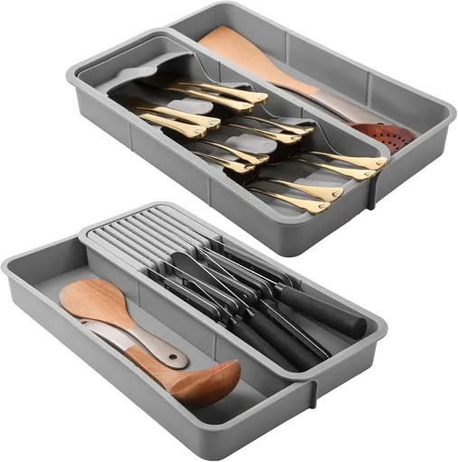2 Pcs Knife & Silverware Drawer Organizer Holds 9 Knives with Flatware Tray Drawer Store Compact Utensil Organizer For Kitchen Silverware