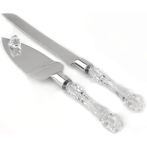 2 set Elegant Cake Knife and Server Set Stainless Steel with Crystal Handle - Perfect for Weddings Anniversaries,and Special Celebrations (Sliver)（Two knives and shovels）