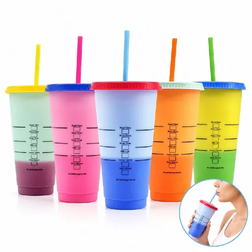 5Pcs Color Changing Cups with Lids & Straws, 24 oz Cute Reusable Plastic Tumblers Bulk, Party Tumbler Ice Cold Drinking Cup for Kids & Adults