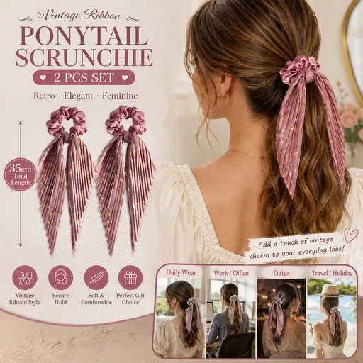 Deep pink Vintage Ribbon Ponytail Scrunchie 2 Pack for Women Pleated Satin Hair Tie with Long Ribbon Tails Elegant Retro Hair Accessory for Ponytail Styling Daily Wear Party Travel Gift