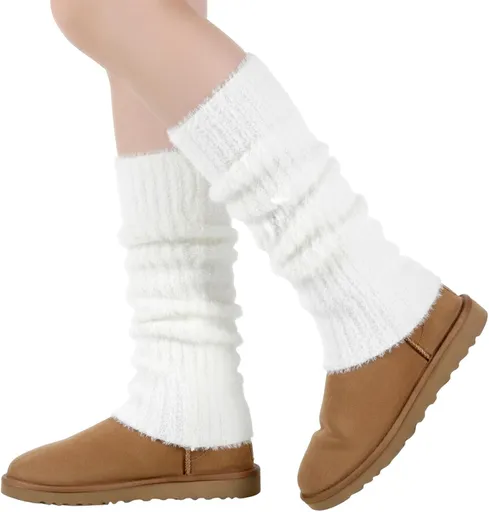 White Fuzzy Leg Warmers Fluffy Knit Ankle Socks Winter Ruffle Kawaii Leg Warmers Ankle Warmer College Concert Thick Boot Socks for Women Girls