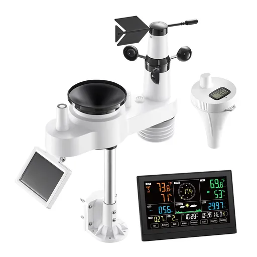 7-in-1 Wi-Fi Weather Station with APP, 190.5 mm Display, Wireless Solar Powered Outdoor Sensor, with Pool Thermometer, Rain Gauge, Indoor Outdoor for Weather Forecast Wind Speed Pool Temperature