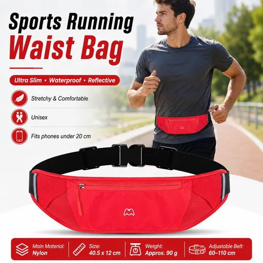 Red Running Waist Pack—Made of waterproof nylon with an adjustable strap (fits waist sizes 60–110 cm); features a three-pocket design to store a phone and keys, includes reflective strips for safety during night runs, and is suitable for running, mou