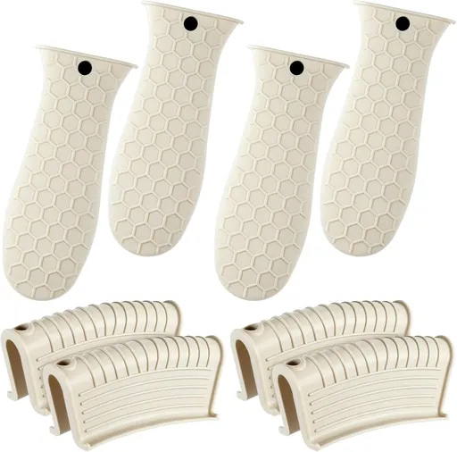 8 Pcs Silicone Pot Holders Set Cast Iron Handle Cover Heat Resistant Pot Handle Covers Potholder Non Slip Reusable Pan Sleeve for Frying Pan Kitchen Supplies(Khaki)