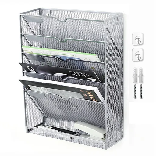 5 Tier Wall File Organizer Vertical Placement Glossy Edges Wall Mount File Holder with Hanging Hole for Office Silver