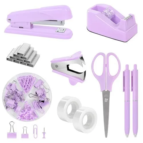 Desk Accessories, Stapler and Tape Dispenser Set,10PCS Office Supplies Set, Stapler, Tape Dispenser, Scissors, Binder/Paper Clips and 500pcs Staples - Purple - Size 10Pcs