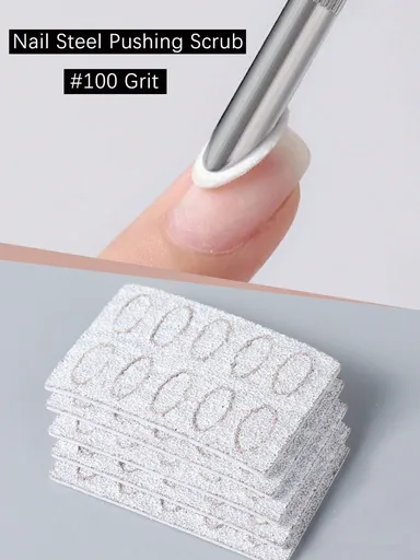 50Pcs Nail Steel Push Front Sanding Slice 100 Grit Remove Dead Skin Polish Nail Beveled Steel Pusher Replacement Scrub Sheet Nail Cleaning Tool Manicure Supplies