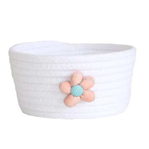 Small Woven Storage Basket, Cotton Rope Rattan Shelf Bin for Toys and Closet Organization at Home or Nursery, White, 16 x 8 cm