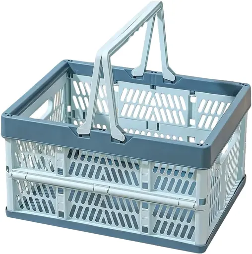 Collapsible Storage Crate with Handles for Shopping, Camping and Car Boots, Foldable Stackable Basket for Home Storage, Blue and Grey