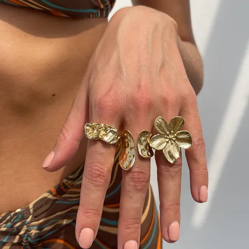 3-Piece Molten Gold Tone Ring Set - Vintage Baroque Flower & Abstract Liquid Metal Design - Adjustable Open Cuff Stackable Jewelry for Women