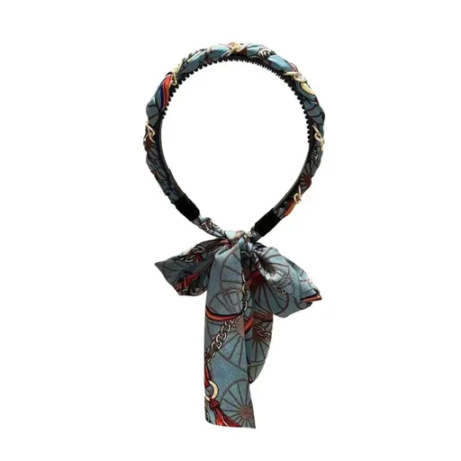 Chains patterned satin headband with Long Scarf Headband Scarf Hair Accessories - Blue