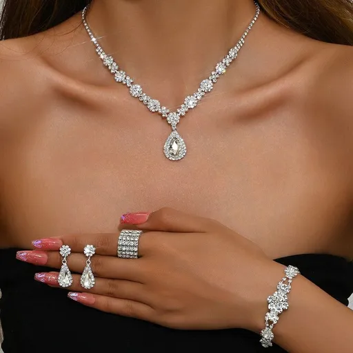 High-end Colored Gemstone Teardrop Jewelry 4-Piece Set, Women's Accessory Set, Wedding and Evening Accessories - Silver