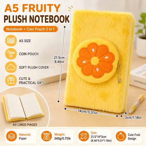 A5 Plush Fruit Notebook with detachable orange-shaped coin purse — features a soft plush cover and 80 lined pages; a cute design perfect for school use or journaling