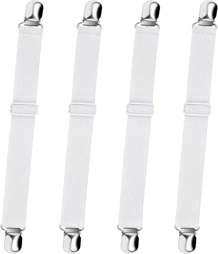 Bed Sheet Straps, Adjustable Elastic Fitted Sheet Corner Holders Straps to Stay in Place, Non-Slip Fasteners Clips Compatible for Crib to King Size Bed, White 4Pcs