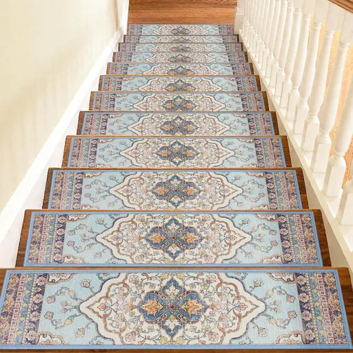4 Pcs Blue Vintage Floral Non Slip Stair Treads, Adhesive Carpet Runners for Wooden Steps Pets and Seniors, 8 x 30 in