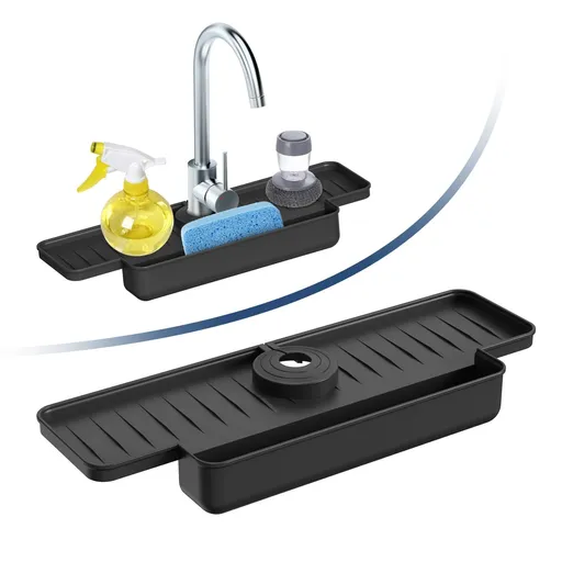 Faucet Splashing Proof Drain Rack Silicone Foldable Faucet Handle drip Tray Drain Shelf for Kitchen (Black)