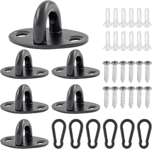 Biaungdo 6 Pcs Stainless Steel Ceiling Hooks, Black 1.54" x 1.06" Pad Eyes Plate Marine Hardware Ceiling Hooks with Screws & Expansion Tube
