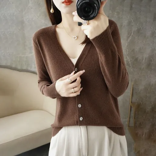 Women V Neck Knitted Cardigan Long Sleeve Sweater Coffee XXL Size: XXL; Height (cm): 175-180; Weight (kg): 65-70; Bust (cm): 98-102; Waist (cm): 82-86; Shoulder width (cm): 41; Length (cm): 66